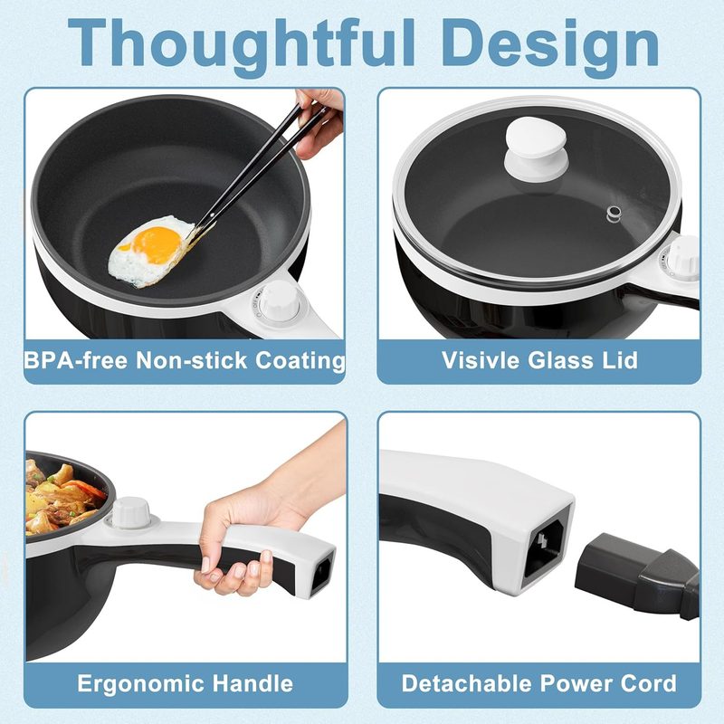 Detalle de la olla Dezin: interior antiadherente, tapa de vidrio, mango ergonómico y cable eléctrico desmontable