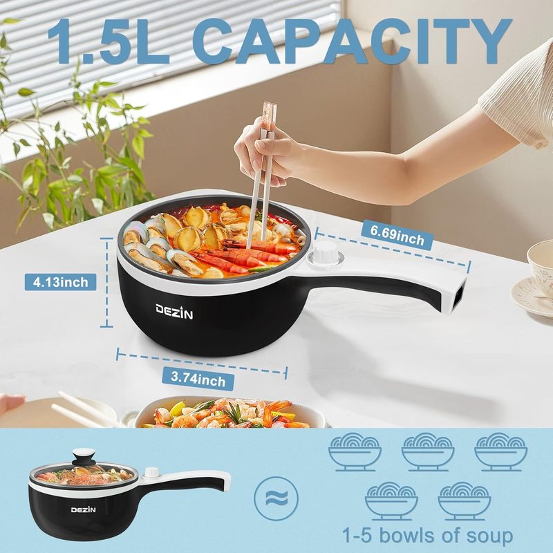 Medidas de la olla Dezin: 1.5 litros de capacidad, 4.13 x 6.69 x 3.74 pulgadas