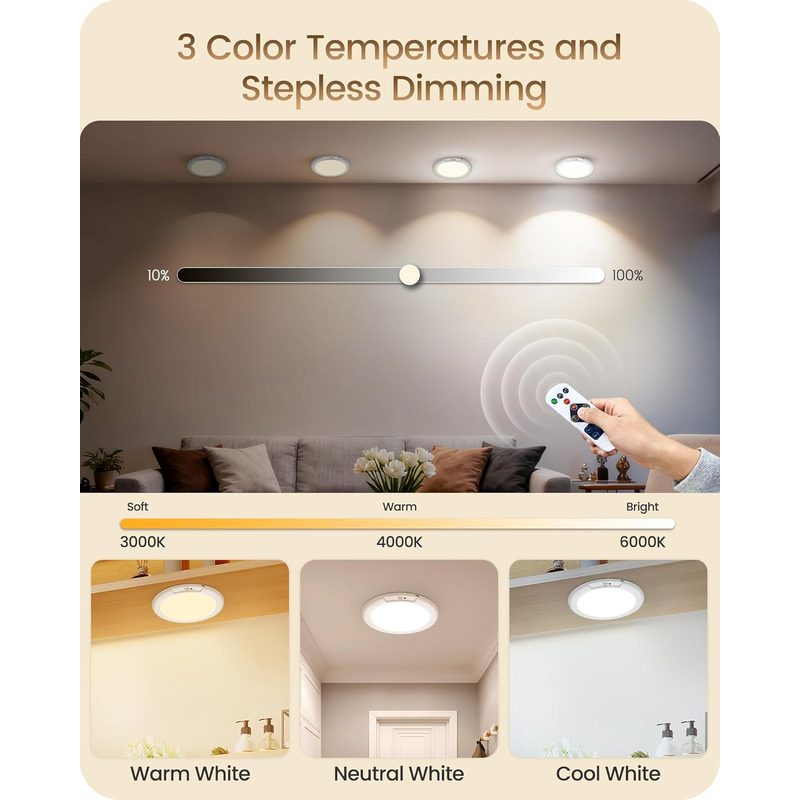 Lámpara LED recargable con sensor de movimiento mostrando brillo ajustable en tres temperaturas de color