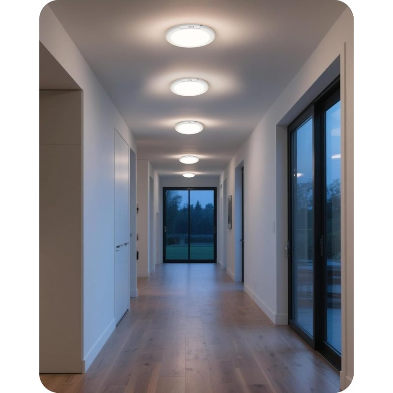 Vista del empaque de lámpara recargable de techo con accesorios de montaje y control remoto incluidos