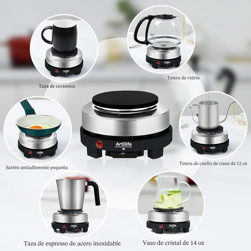 Placa ARTILIFE mostrada con taza, tetera, sartén pequeña y recipientes compactos