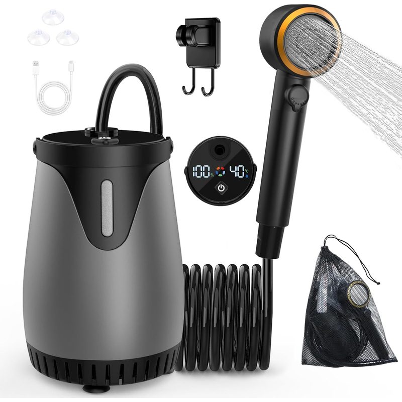 Ducha portátil dessports gris y negra con manguera, cabezal de ducha, pantalla LED, ganchos y ventosas