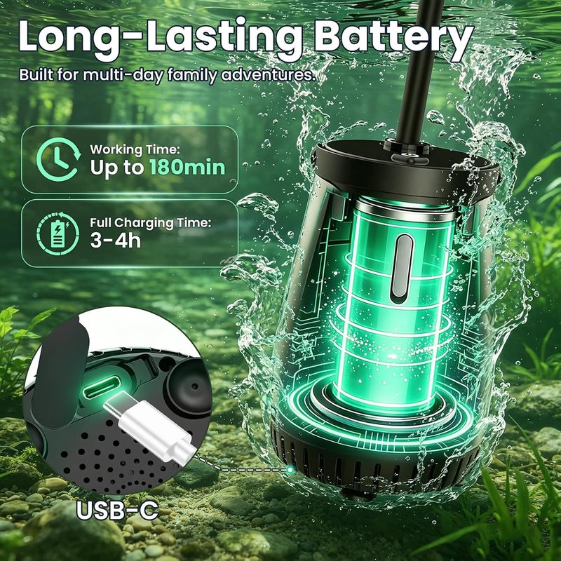 Ducha portátil dessports con gotas de agua mostrando la pantalla LED de batería, presión y temperatura