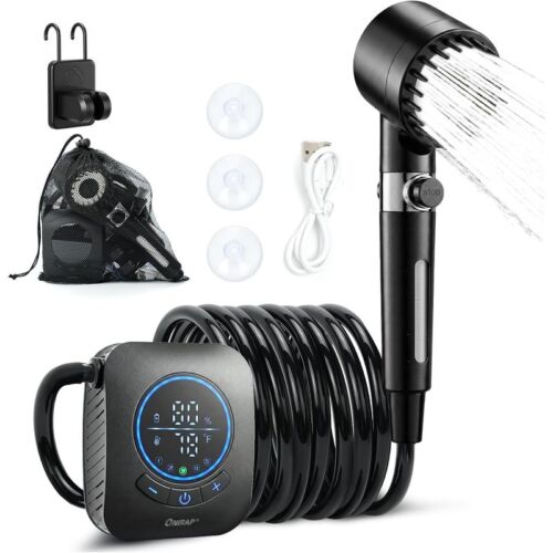 Ducha portátil Onirap negra con cabezal de ducha, manguera, ganchos, ventosas y cable USB