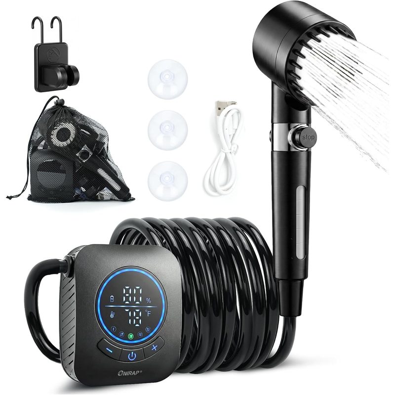Ducha portátil Onirap negra con cabezal de ducha, manguera, ganchos, ventosas y cable USB