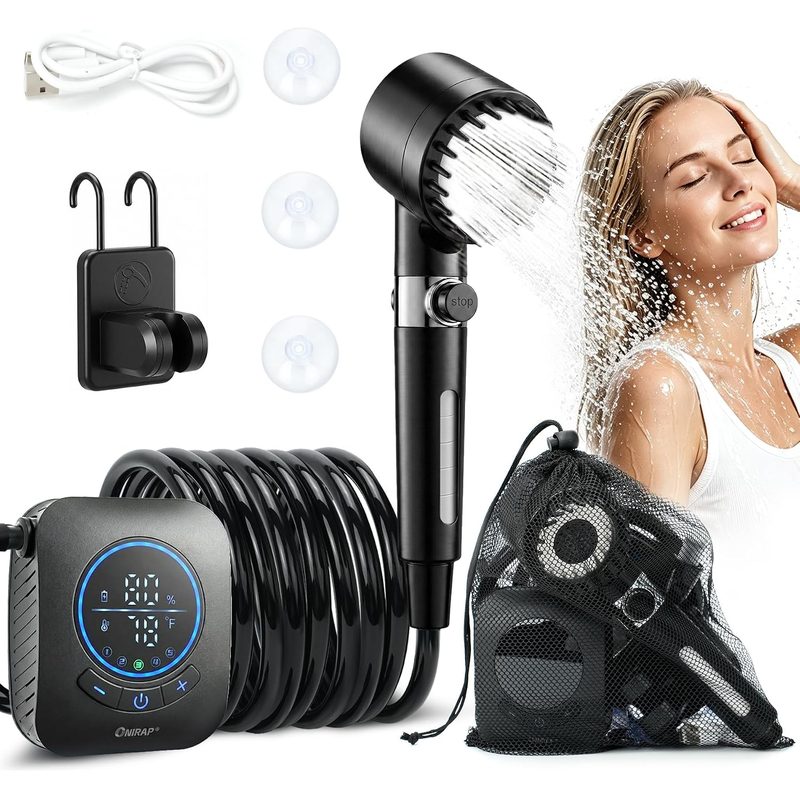 Detalle del gancho de succión y los accesorios incluidos con la ducha portátil Onirap