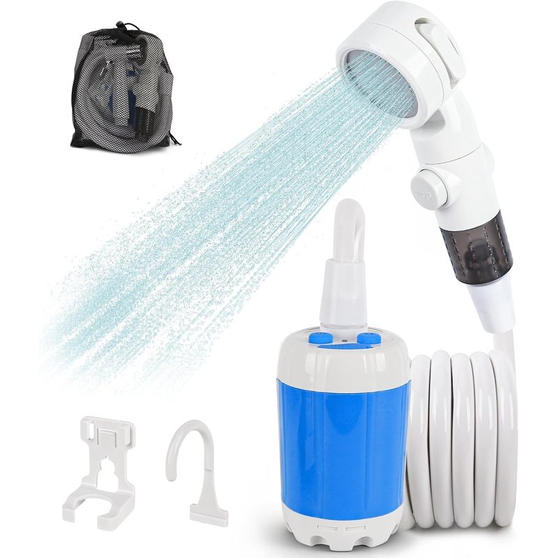 Ducha portátil Wisebean azul y blanca con cabezal de ducha, manguera enrollada y bolsa de malla