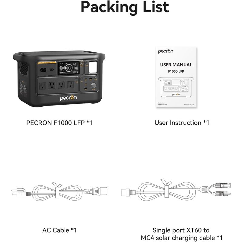 Contenido de la caja: estación PECRON F1000LFP, manual, cable de corriente y cable adaptador para panel solar