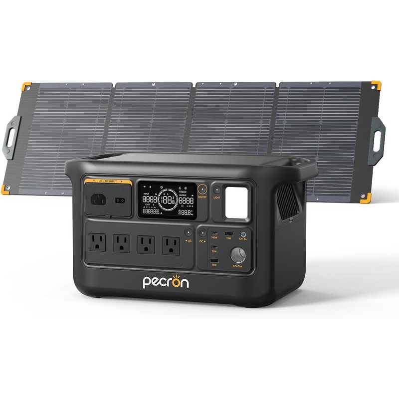 Estación PECRON F1000LFP junto a un panel solar plegable compatible, vendido por separado