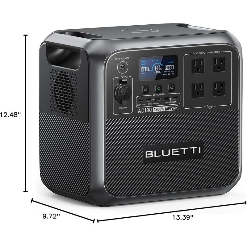 Estación de energía BLUETTI AC180 con sus medidas: 12.48 por 13.39 por 9.72 pulgadas
