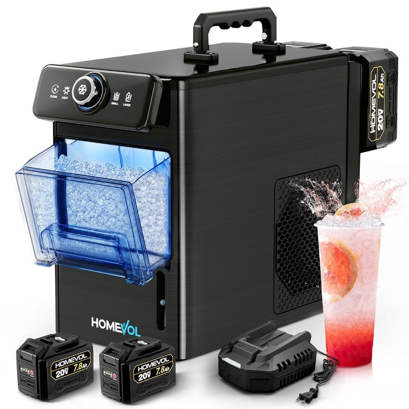 Máquina de hielo HOMEVOL negra con recipiente de hielo azul, asa superior y dos baterías 20V 7.8Ah