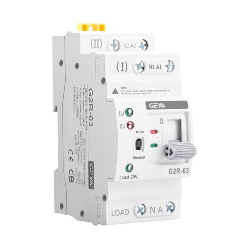 Interruptor de transferencia automática GEYA G2R-63 de 2 polos, vista lateral con su etiqueta técnica