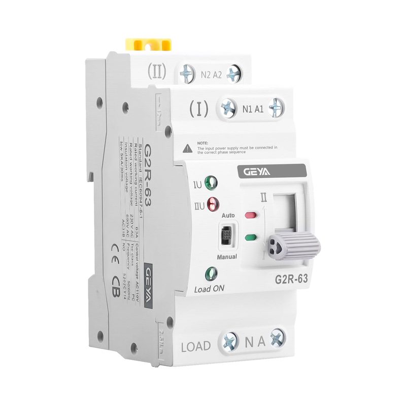 Interruptor de transferencia automática GEYA G2R-63 de 2 polos, vista lateral con su etiqueta técnica