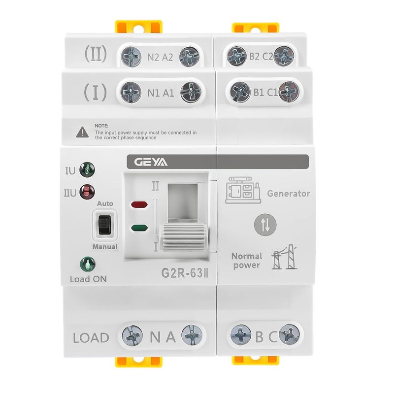 Interruptor de transferencia automática GEYA G2R-63II de 2 polos, vista frontal con los bornes de conexión