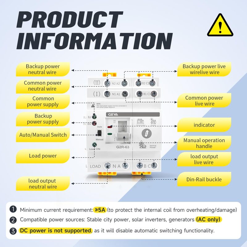 Diagrama de conexiones del interruptor GEYA G2R-63: fuente de respaldo, fuente común y salida de carga