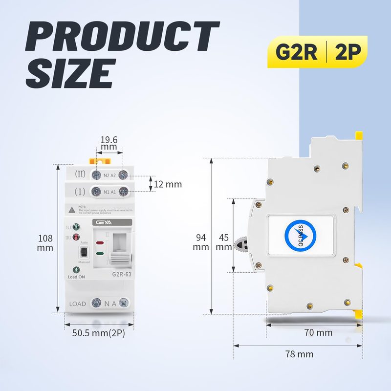 Diagrama de dimensiones del interruptor GEYA G2R-63 de 2 polos: 108 x 50.5 x 78 mm