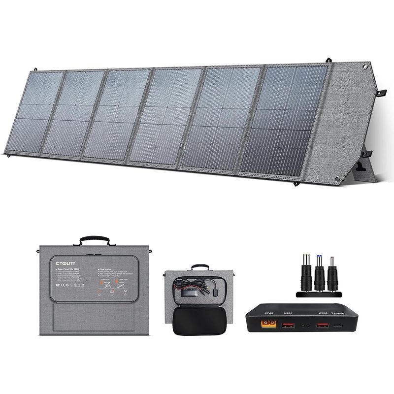 Panel solar plegable CTOLITY de 200W desplegado con sus seis paneles y maletín de transporte