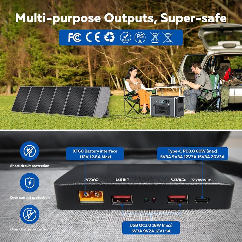 Panel solar con puertos XT60, USB y USB-C conectado a distintos tipos de estaciones de energía