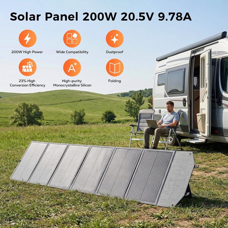 Panel solar CTOLITY de 200W junto a una casa rodante en el campo con sus especificaciones principales