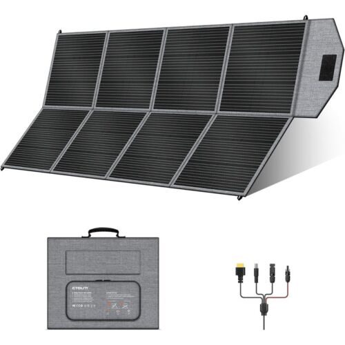 Panel solar plegable CTOLITY de 400W desplegado con sus ocho paneles y maletín de transporte