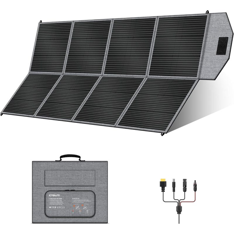 Panel solar plegable CTOLITY de 400W desplegado con sus ocho paneles y maletín de transporte