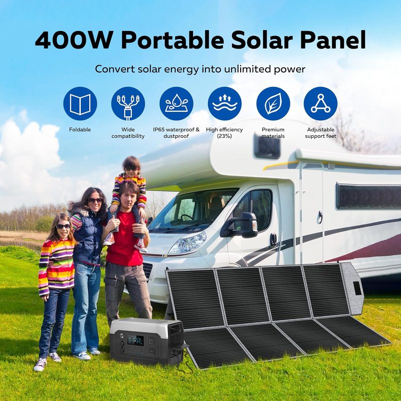 Panel solar de 400W junto a una casa rodante conectado a una estación de energía portátil