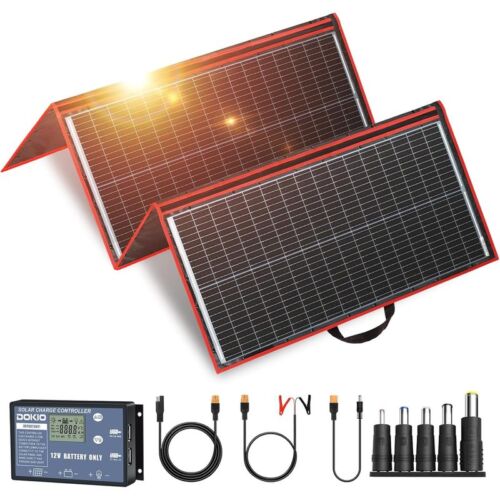 Panel solar DOKIO plegable en dos secciones, con controlador de carga solar y cable con conectores XT60, pinzas tipo caimán y adaptadores