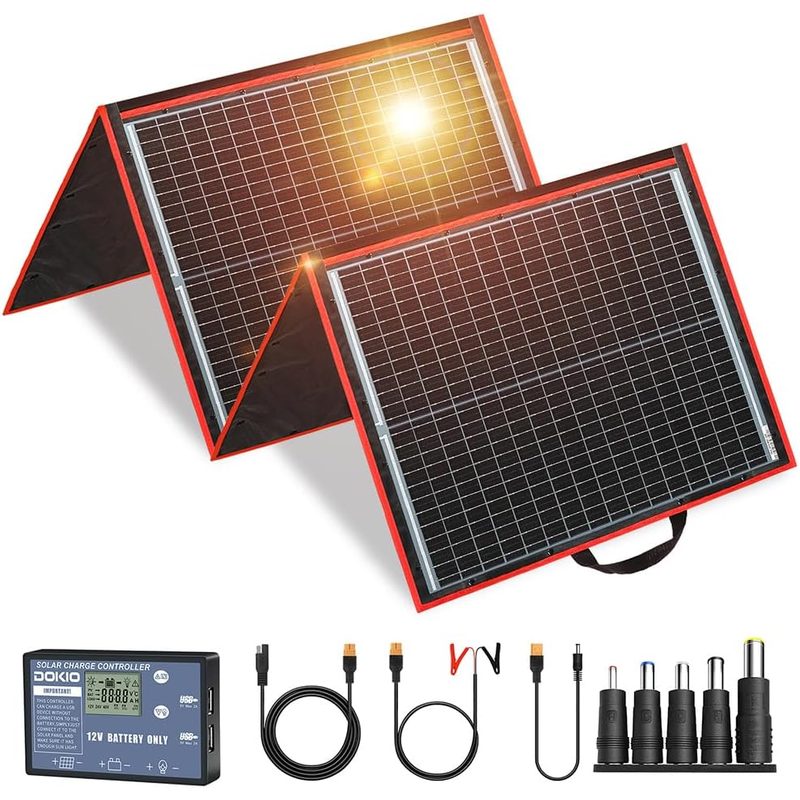 Panel solar DOKIO desplegado en dos secciones con luz solar reflejada sobre las celdas