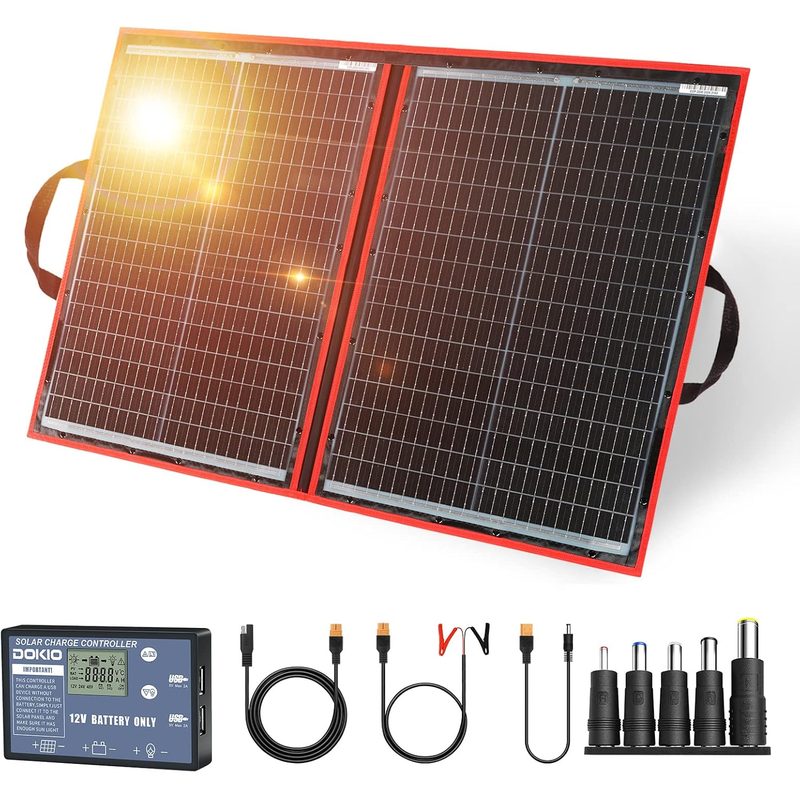 Panel solar DOKIO desplegado en cuatro secciones vistas de frente, con controlador y cable de conexión