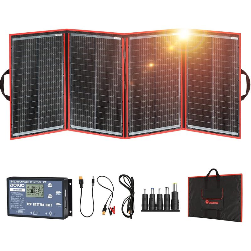 Panel solar DOKIO desplegado en cuatro secciones visto de frente con luz solar reflejada sobre las celdas