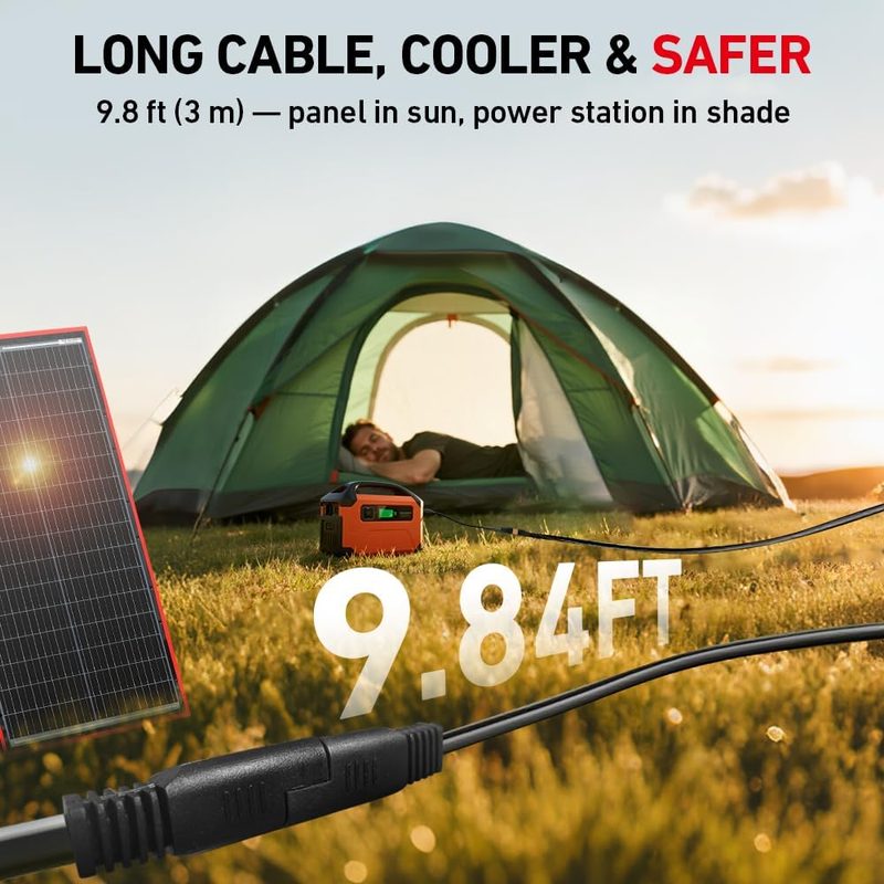 Panel solar DOKIO en uso junto a una carpa de camping, entre escombros tras un desastre, junto a una casa rodante y en un bote