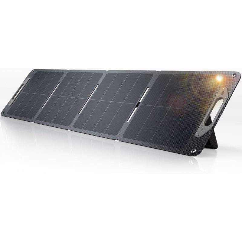 Panel solar GRECELL desplegado visto en ángulo sobre fondo blanco con su reflejo