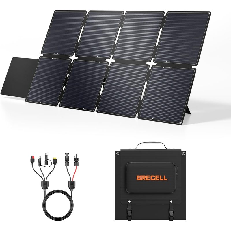 Panel solar GRECELL desplegado en ocho secciones visto desde arriba, junto al cable de carga y la funda de transporte con el logo GRECELL