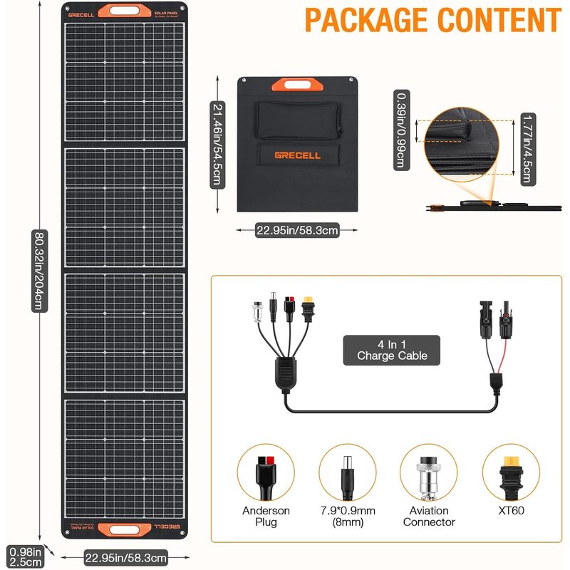 Diagrama de dimensiones del panel plegado (58.3 x 54.5 x 4.5 cm) y el cable de carga 4 en 1 con conectores Anderson, DC, aviación y XT60
