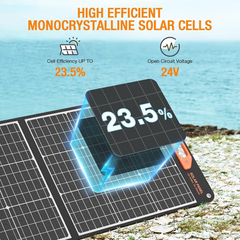 Panel solar GRECELL desplegado en la playa con texto que indica 23.5% de eficiencia de celda y 24V de voltaje de circuito abierto
