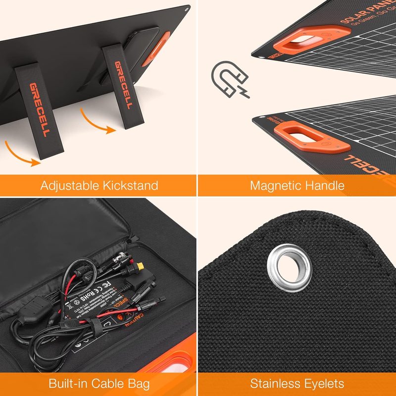 Cuatro detalles del panel: soporte ajustable, asa magnética, bolsillo integrado para cables y ojal reforzado de acero inoxidable