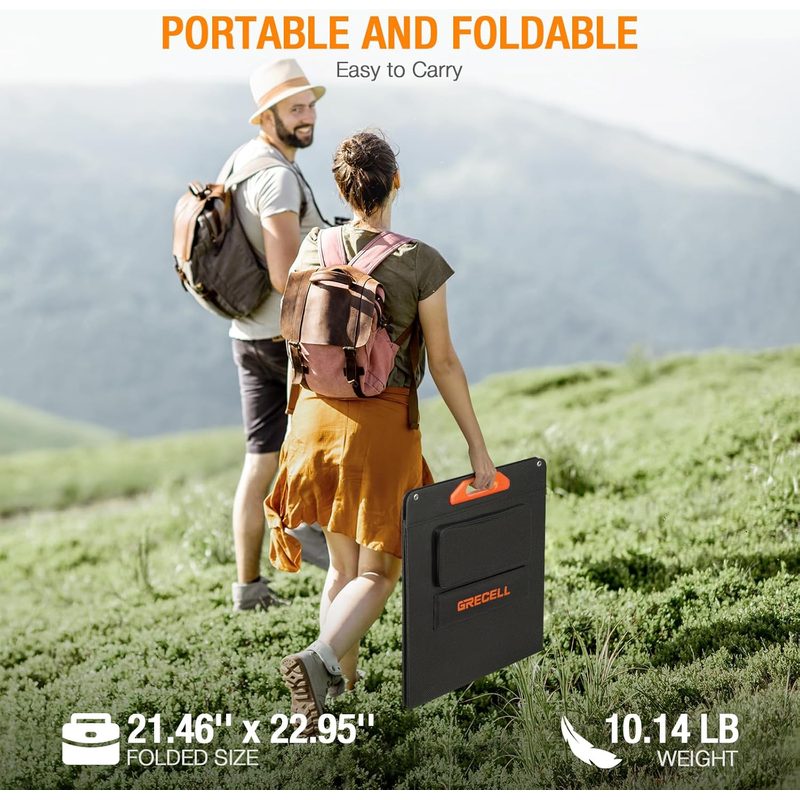 Dos personas caminando por un campo verde, una de ellas llevando el panel solar GRECELL plegado por el asa