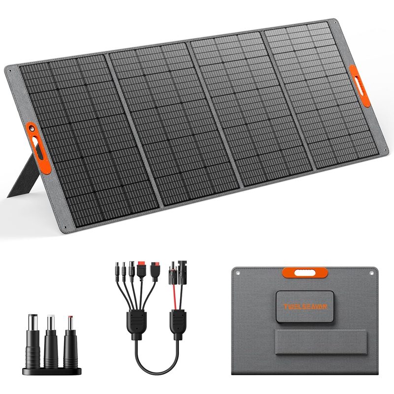 Panel solar TWELSEAVAN desplegado en cuatro secciones con soporte trasero, adaptadores de conector, cable multiconector y funda de transporte
