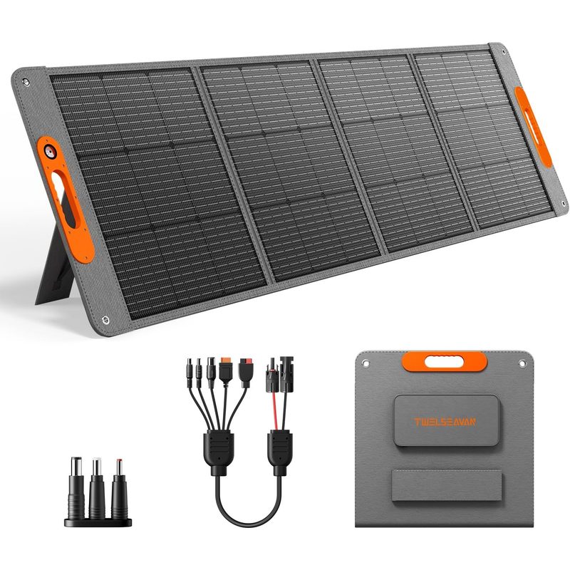 Panel solar TWELSEAVAN desplegado en ángulo sobre fondo blanco, con soporte trasero, cable y funda de transporte