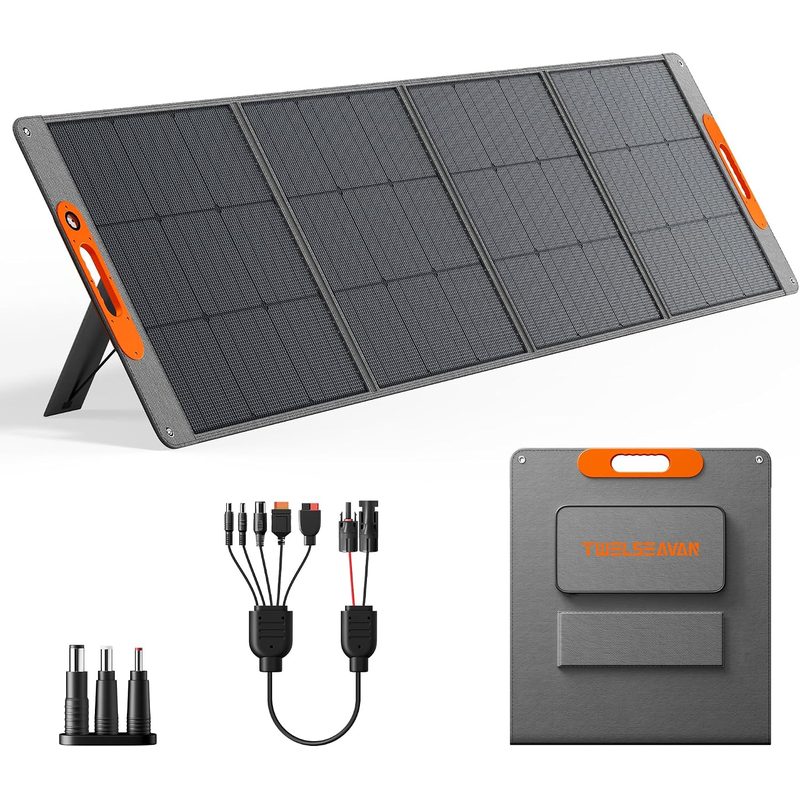 Panel solar TWELSEAVAN plegado en dos secciones apoyado en su soporte, con cable y funda de transporte