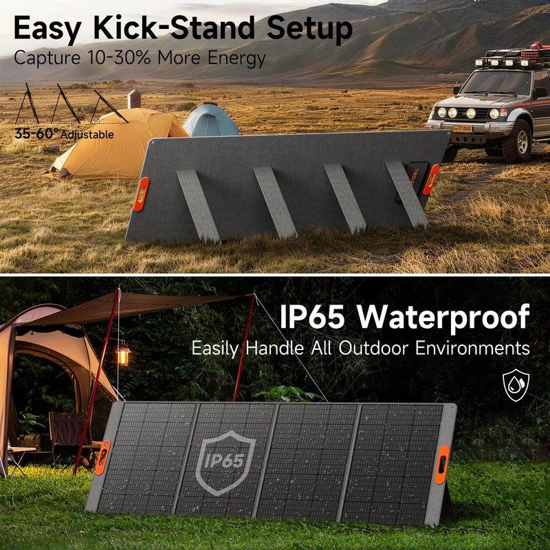 Panel solar TWELSEAVAN apoyado en su soporte ajustable junto a carpas de camping, con detalle del indicador de ángulo solar