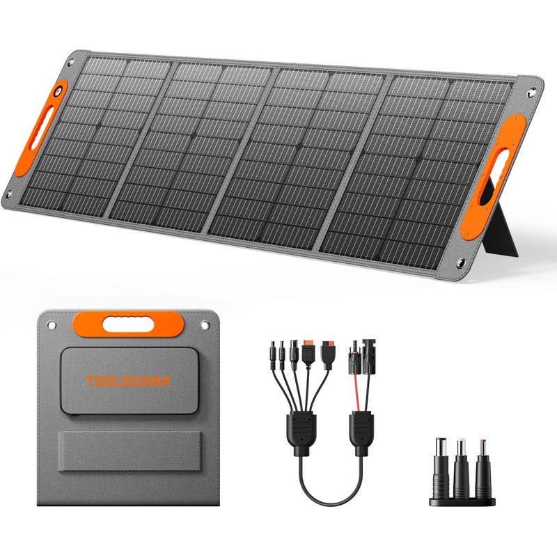 Panel solar TWELSEAVAN desplegado en cuatro secciones con soporte extendido, cable y funda de transporte con el logo de la marca